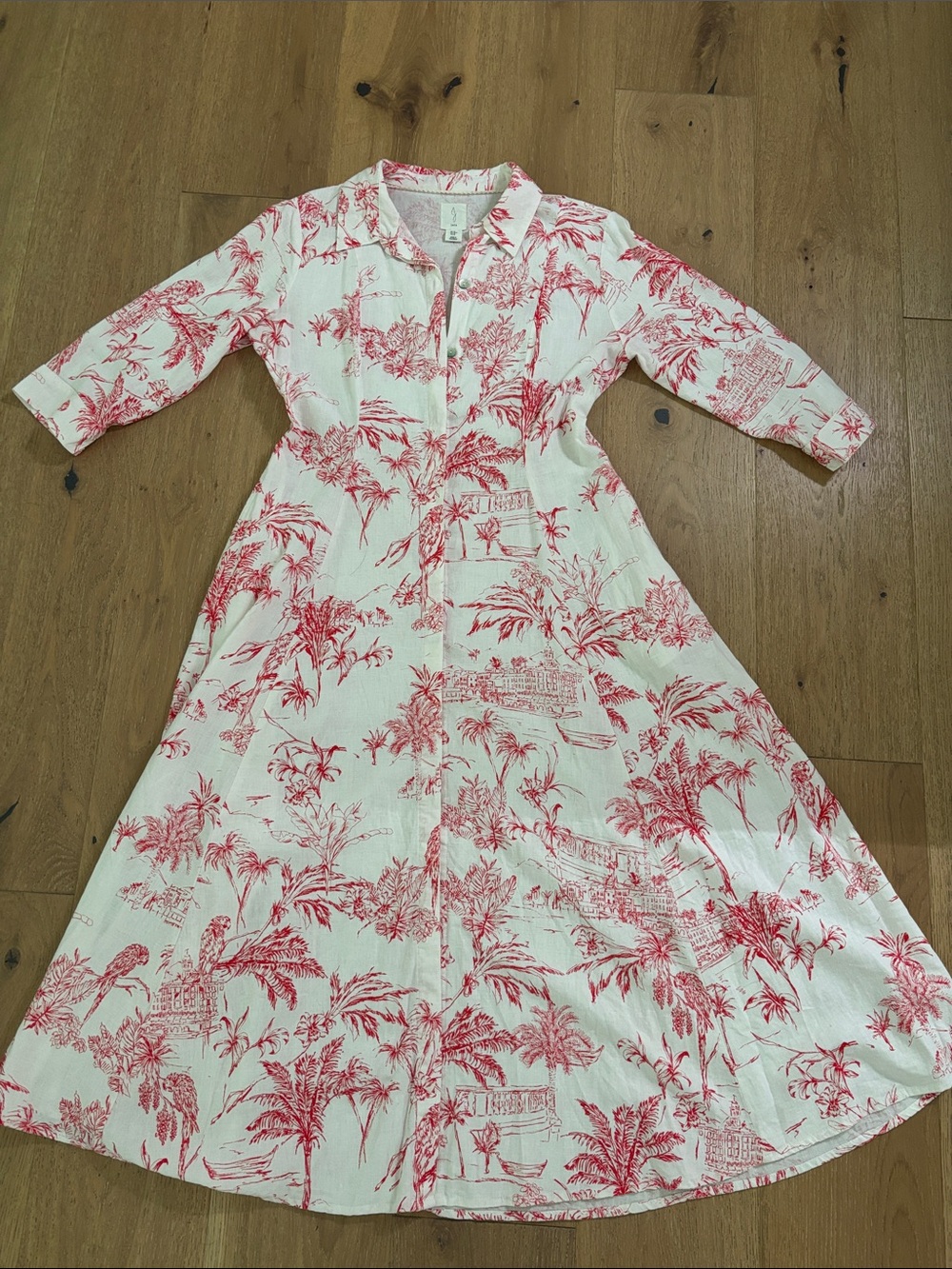 JOIE Button-Front White Dress with Red Tropical Print
